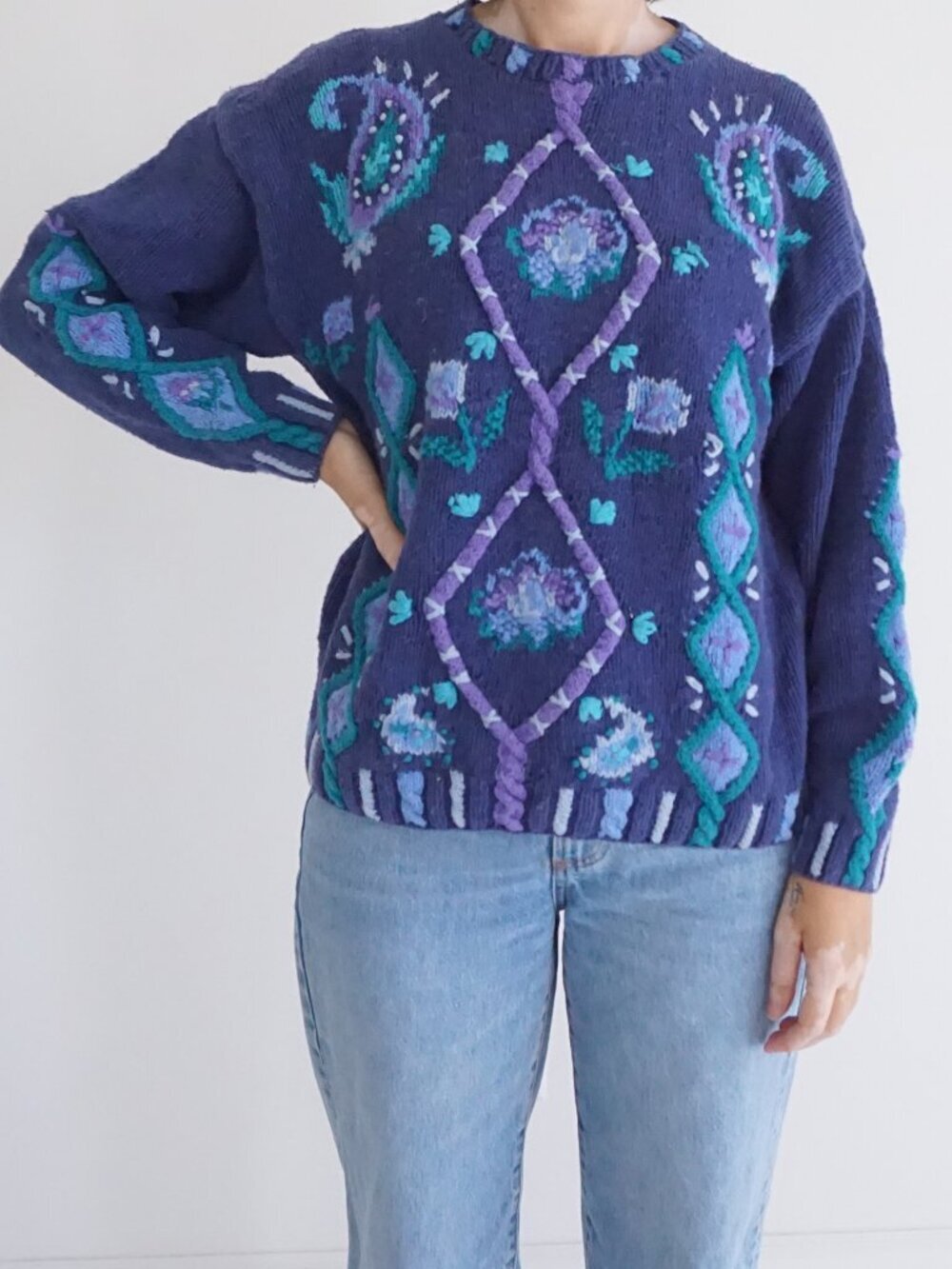 Vintage Portraits Purple Floral Diamond Hand Knit Textured Sweater M